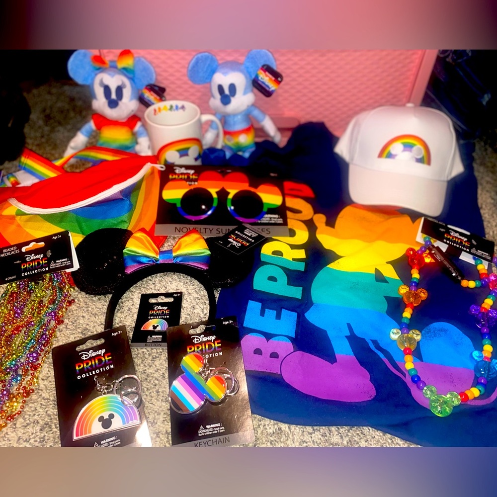 Disney Minnie headband, Disney Pride shirts, Necklace, Mickey and Minnie plush